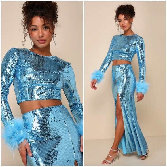 New‎ Lulu’s XS Party Icon Light Blue Sequin Feather Two-Piece Maxi Skirt Top Set - Picture 1 of 5